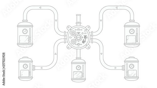 Фотография Steampunk Pipe Network: An intricate steampunk-inspired network of pipes, valves, and canisters, suggesting a complex system of fluid transfer or industrial machinery