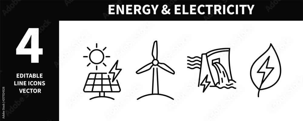 Fototapeta premium Set of four simple line icons representing renewable energy sources including solar wind hydro and green power