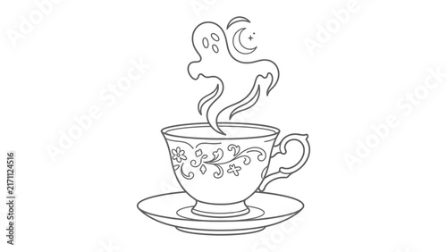 Ghostly Brew: A whimsical illustration depicts a teacup filled with steaming liquid, from which a playful ghost spirit rises, accompanied by a crescent moon.