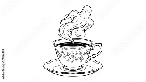 Ghostly Brew: A whimsical illustration depicts a teacup filled with dark liquid, from which a spectral ghost-like wisp of steam ascends, accompanied by crescent moon symbols.
