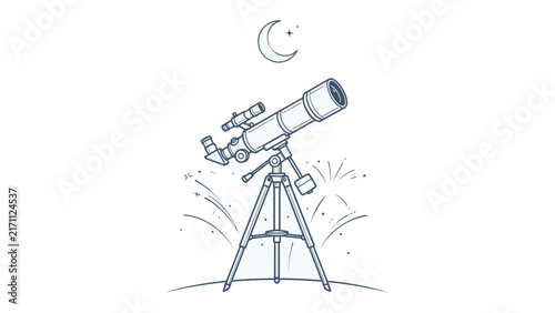 Telescope Under the Crescent Moon: A detailed line drawing of a telescope mounted on a tripod, pointing towards a crescent moon in the night sky, with stylized starbursts adding a touch of wonder.