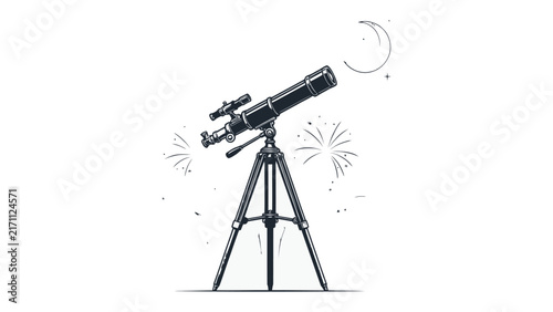 Telescope and Moon Illustration: A detailed illustration of a telescope mounted on a tripod, pointed towards a crescent moon in a starry night sky, evoking a sense of wonder and exploration.