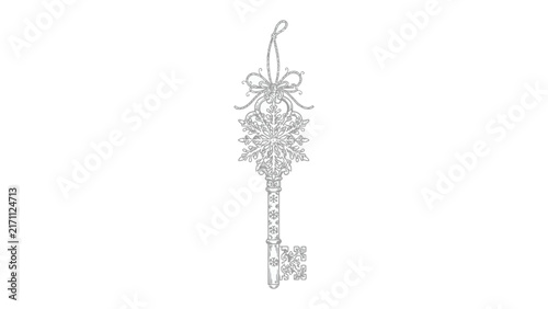 Ornate Snowflake Key: A beautifully crafted antique key adorned with intricate snowflake patterns, symbolizing winter magic and festive spirit, hung with a delicate bow.