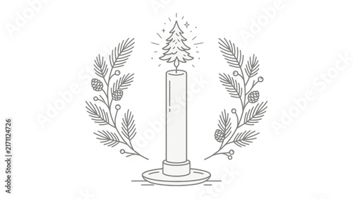 Christmas Candle and Fir Wreath: A festive illustration of a lit candle with a tiny Christmas tree atop, framed by a delicate fir wreath with pinecones, evoking holiday spirit.