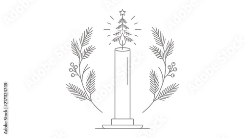 Festive Candle Emblem: A minimalist line art illustration features a tall, slender candle topped with a stylized Christmas tree and star, framed by sprigs of pine and holly berries.