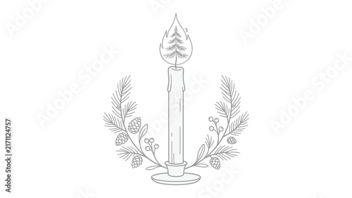 Christmas Candle Wreath: A festive Christmas candle is artfully surrounded by a delicate wreath of pine branches, pinecones, and berries, creating a warm and inviting holiday emblem.