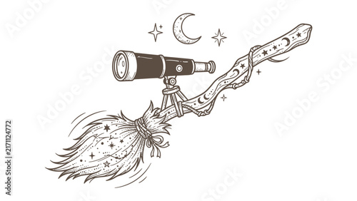 Celestial Broom with Telescope: A whimsical illustration of a broomstick adorned with celestial symbols and a telescope, hinting at cosmic exploration and magical journeys under a starry night sky.