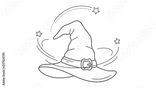 Magic Hat Drawing: A simple line drawing depicts a classic witch's hat with a buckle, surrounded by swirling lines and stars, suggesting enchantment and magical power.
