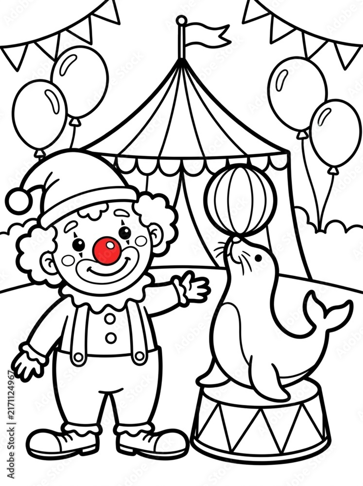 Fototapeta premium Happy clown with sea lion at circus with balloons and tent