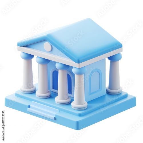 Blue cartoon 3d building representing bank finance government justice or institutional services on a transparent background