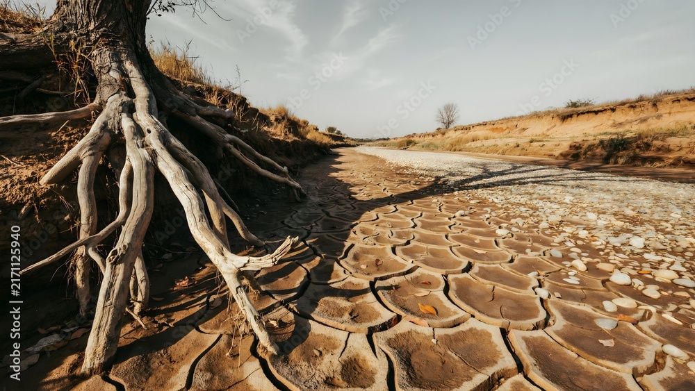 Fototapeta premium Drought-affected landscape with cracked earth and exposed tree roots