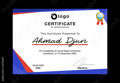 Modern Certificate of Appreciation Template with Elegant Blue and Red Abstract Design