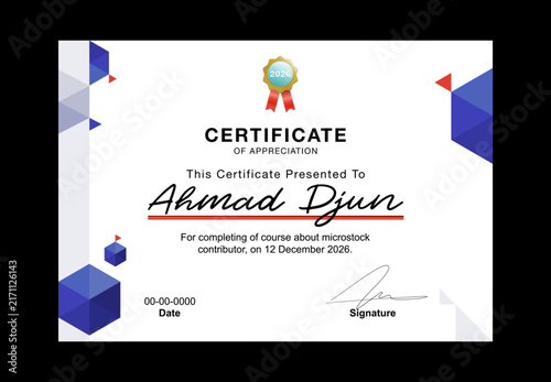 Modern Certificate of Appreciation Template with Elegant Blue and Red Abstract Design