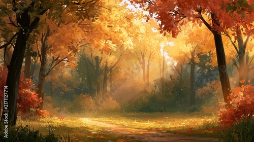 Tranquil Autumn Landscape: Sunny Trees, Golden Foliage, and Meadow