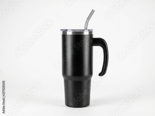 A sleek matte black insulated travel tumbler with handle and clear straw