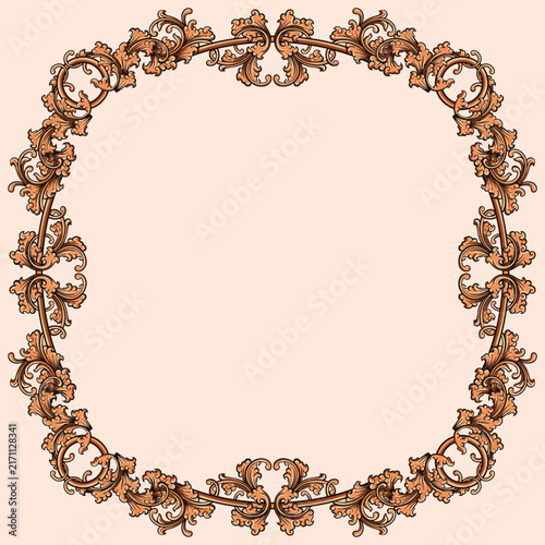 Gold Vintage border baroque frame with floral ornament engraving illustration art