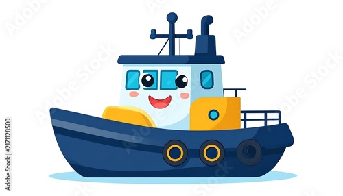 Cartoon tugboat with captain and crew on deck.