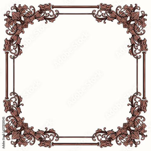 Brown Vintage border baroque frame with floral ornament engraving illustration art