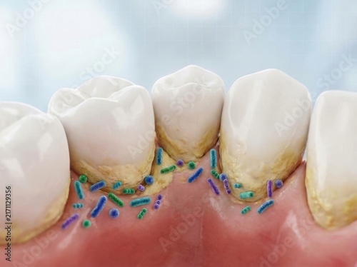 A Microscopic View Showing Bacterial Plaque Accumulation Along The Human Gum Line