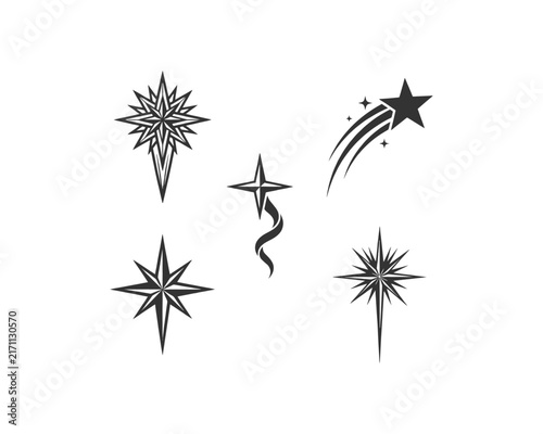 Minimalist geometric starburst logo icons vector set with North Star, Bethlehem star, shooting star, ribbon tail emblems