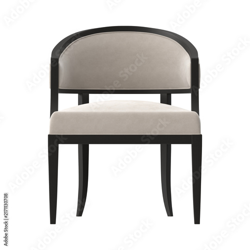 Fotografie Elegant upholstered armchair with dark wood frame and curved backrest