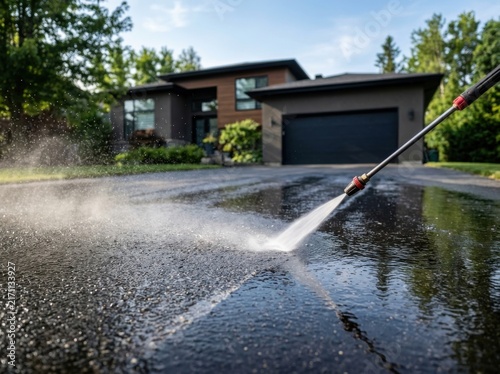 Asphalt driveway surface cleaning using high pressure water nozzle washes away grime buildup maintaining smooth dark pavement area.