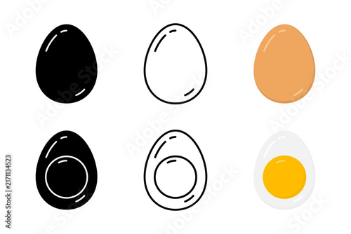 Hard Boiled Egg Icon Set with Slices for Healthy Breakfast Food Menu and Protein Nutrition Concept. Vector Illustration
