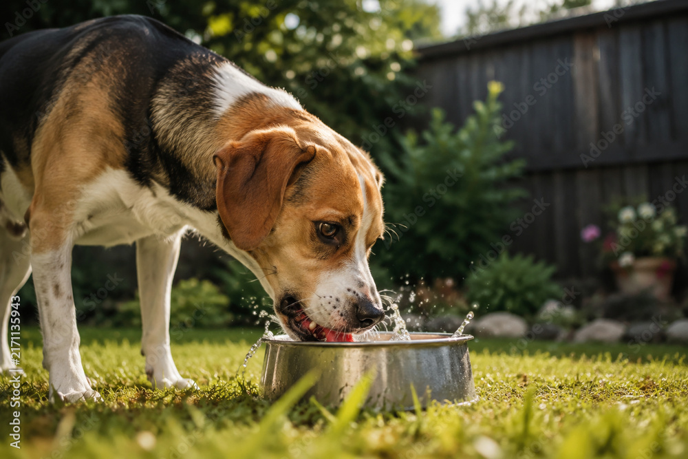 Fototapeta premium Dog drinking water from metal bowl in backyard, pet hydration and thirst