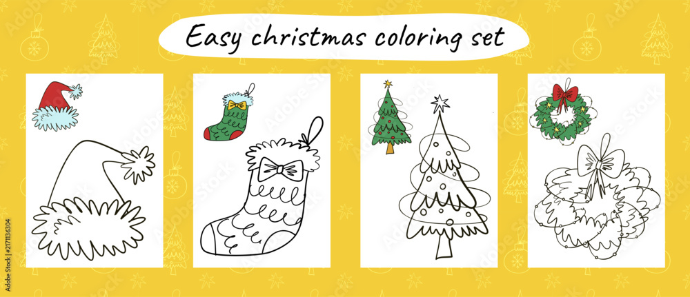 Fototapeta premium Easy Christmas Coloring Pages Bundle Set for Kids Toddler Preschool Activity