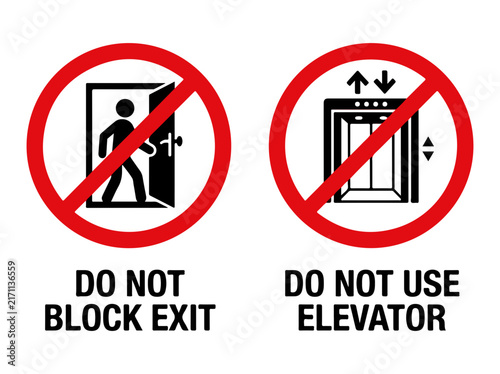 Foto Red prohibition signs: no blocking exit and no elevator use
