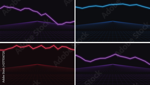 Four retro synthwave landscapes with glowing neon line graphs, grid floors and dark backgrounds