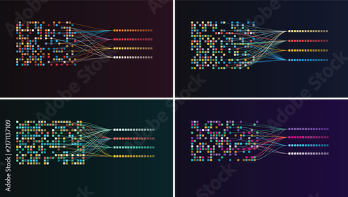 Data flow infographic with four quadrants of colorful square clusters and connecting network lines