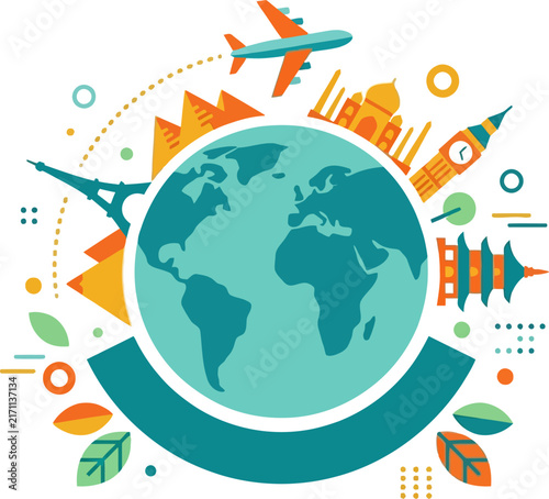 Global travel concept vector illustration featuring world globe iconic landmarks airplane and decorative elements for tourism and holiday designs