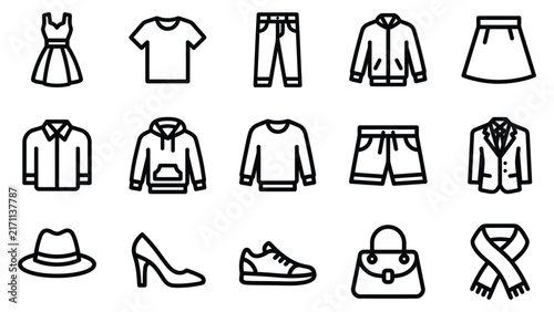 Картината върху платно Apparel and clothing line icon set featuring dresses t-shirts pants jackets skir