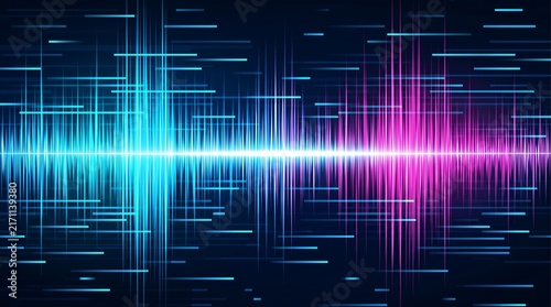 Futuristic digital sound wave abstract background in vibrant blue and pink tones with glowing neon light effects