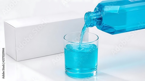 Blue mouthwash being poured from a bottle into a clear glass next to a white box.