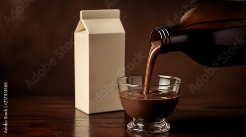 Chocolate syrup being poured into a glass next to a milk carton.