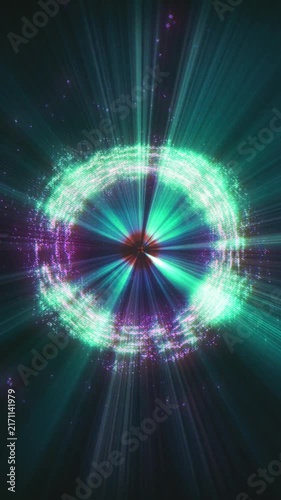 Radiant mystical aura with green and blue shimmering particles. A magical cosmic ring emitting bright light rays, perfect for fantasy, magic, or sci-fi energy cores.