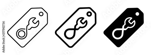 3 Tools shape tag icon set, wrench equipment repair maintenance labels, solid black style, business