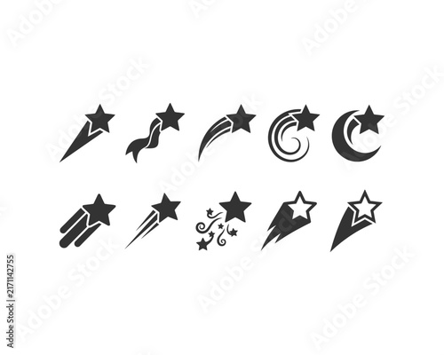 Minimalist shooting star logo icons vector set with comet tails, dynamic swoosh trails, crescent starburst emblems