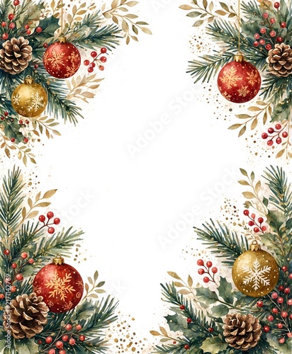 Festive Christmas corner border with pine needles, ornaments, and pinecones