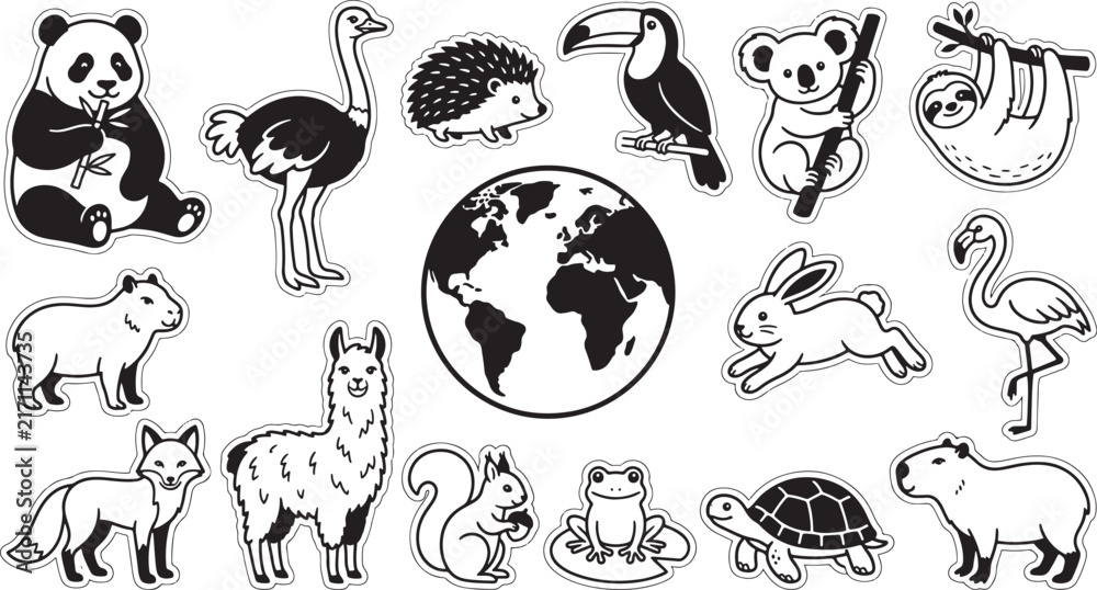 Fototapeta premium Hand drawn doodle set of wild animals and world globe isolated on white background