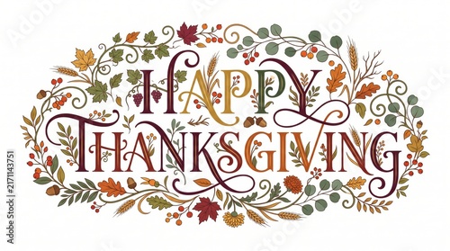 Happy Thanksgiving typography design with colorful autumn leaves and decorative floral vines