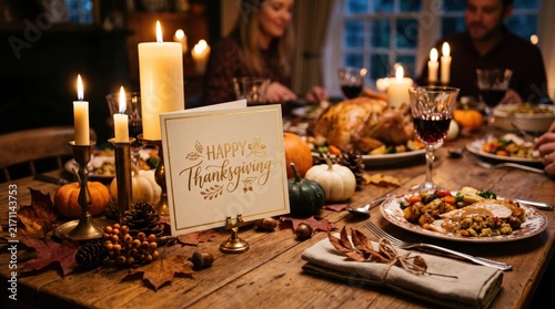 Happy Thanksgiving dinner table with candles and food at night in a cozy warm home setting
