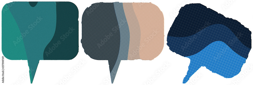 Naklejka premium Three retro halftone speech bubbles in mixed teal, neutral and blue tones create a playful comic-style communication set.
