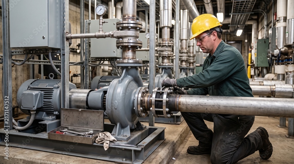 Fototapeta premium Worker verifies cooling pump skid connections