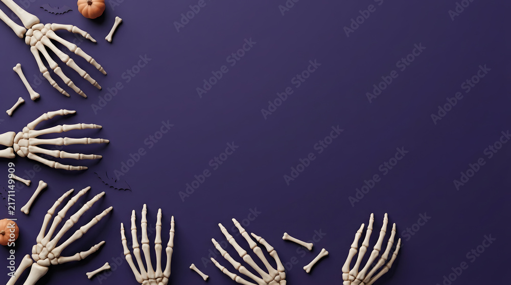 Fototapeta premium A festive flat lay composition featuring multiple realistic skeleton hands arranged on a dark purple background for a creative spooky halloween celebration