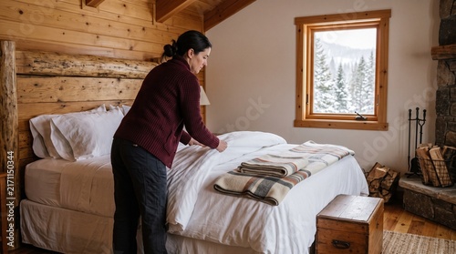 Obraz na płótnie Housekeeper resets a lodge bedroom for new guests