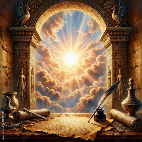 Ancient archway with scrolls and ink pot under sunlight  