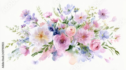 Watercolor floral illustration: delicate bouquet of pastel blooms with soft washes